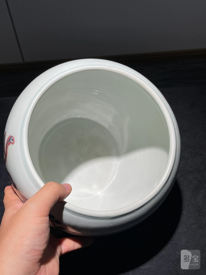 清康熙 青花釉里红凤凰牡丹纹卷缸 - 图9